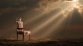 Empty throne with crown under dramatic sun rays in mystical landscape Royalty Free Stock Photo