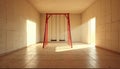Empty, tiled room with red swing set inside. Sunlight streams from open doorway creating long shadows. Surreal, liminal space Royalty Free Stock Photo