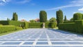 Empty tiles at the nice and peaceful comfortable great garden panorama under lovely blue sky