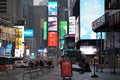 Empty Times Square on foggy evening in Manhattan