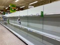 Empty toilet paper display shelves at a Publix grocery store due to the people panicing and hoarding paper and food products