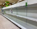 Empty toilet paper display shelves at a Publix grocery store due to the people panicing and hoarding paper and food products