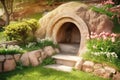 Empty tomb carved out of rock in a beautiful garden Royalty Free Stock Photo