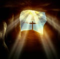 Empty tomb with cross symbol for Jesus Christ is risen. Easter Sunday concept: Jesus Christ crucifixion cross. Christian Royalty Free Stock Photo