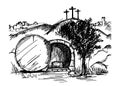 Empty tomb of Jesus Christ. Crucifixion on Calvary. City of Jerusalem. Easter sketch