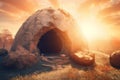 Empty tomb of Jesus Christ with light Born to Die. Generative AI Royalty Free Stock Photo