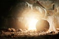 Empty tomb of Jesus Christ with light. Born to Die, Born to Rise. He is not here he is risen . Savior, Messiah, Redeemer Royalty Free Stock Photo