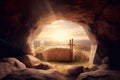 empty tomb of Jesus Christ at sunrise resurrection Generative AI. Royalty Free Stock Photo