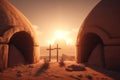 Empty Tomb Of Jesus Christ At Sunrise With Three Crosses In The Distance. Generative AI Royalty Free Stock Photo