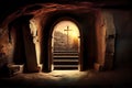 Easter. Empty tomb of Jesus with crosses At Sunrise Royalty Free Stock Photo