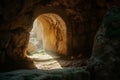 Empty tomb with stone rocky cave and light rays bursting from within. Easter resurrection of Jesus Christ. Christianity Royalty Free Stock Photo