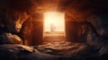 Empty tomb at sunrise with person in light - resurrection concept created with Generative AI