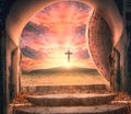 Easter concept: Empty tomb stone with three cross on meadow autumn sunrise background Royalty Free Stock Photo