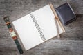 Empty top view of notebook on wooden background with retro style Royalty Free Stock Photo