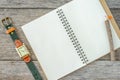 Empty top view of notebook on wooden background with retro style Royalty Free Stock Photo