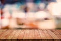 Wood table with blurred interior in cafe background.