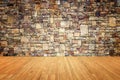 Empty top of wooden floor and natural stone wall