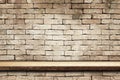 Empty top wooden shelves and brick wall Royalty Free Stock Photo