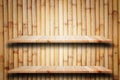 Empty top wooden shelves and wooden wall background Royalty Free Stock Photo