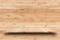 Empty top wooden shelves and wooden wall background Royalty Free Stock Photo