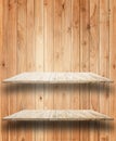 Empty top wooden shelves and wooden wall background Royalty Free Stock Photo