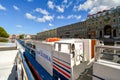 An empty tourist boat sits on a canal river in the historic center of Saint Petersburg Russia Royalty Free Stock Photo