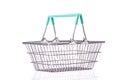 Empty toy shopping basket close up isolated on white background. Royalty Free Stock Photo
