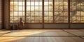 Empty traditional Japanese style room with tatami mat floor in sunlight from wood shoji blind window on tatami mat floor wall for Royalty Free Stock Photo