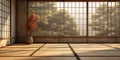 Empty traditional Japanese style room with tatami mat floor in sunlight from wood shoji blind window on tatami mat floor wall for Royalty Free Stock Photo