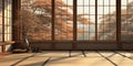 Empty traditional Japanese style room with tatami mat floor in sunlight from wood shoji blind window on tatami mat floor wall for Royalty Free Stock Photo