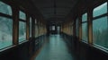 Empty train corridor, mountain lake view, moody interior Royalty Free Stock Photo