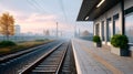 Empty train station platform at misty morning dawn Royalty Free Stock Photo
