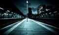 Empty train station platform at night, city skyline background Royalty Free Stock Photo