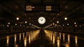 Empty Train Station Platform at Night with Departure Board and Clock Royalty Free Stock Photo