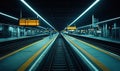 Empty train station platform at night with glowing lights Royalty Free Stock Photo