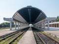 Empty train station. A platform under a glass roof Royalty Free Stock Photo