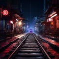 an empty train track in a city at night