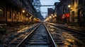 an empty train track in the middle of a city at night Royalty Free Stock Photo