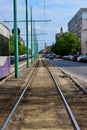 Empty tram road from the Timisoara city, Romania, vertical Royalty Free Stock Photo