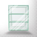 Empty Transparent Glass Box Cube Vector. 3D Realistic Glass Showcase With Shelves. Royalty Free Stock Photo