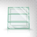 Empty Transparent Glass Box Cube Vector. 3D Realistic Glass Showcase With Shelves. Royalty Free Stock Photo
