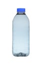 Empty transparent plastic water bottle with a blue lid. Isolated on a white background, close-up Royalty Free Stock Photo