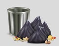 Empty trash bin, kitchen garbage container and full plastic trash bags, vector illustration. Food garbage, organic waste