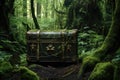 an empty treasure in the middle of a lush, green forest