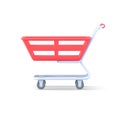 Empty trolley for 3d purchases vector icon. Metallic marketing container wheels with red plastic basket.