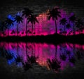 Empty tropical background of night sea beach. Silhouettes of tropical palm trees