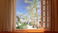 Empty tropical resort background, out of window view with palm trees, park and hotel Royalty Free Stock Photo