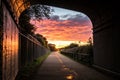 Empty tunnel with footpath lit by sunset Royalty Free Stock Photo