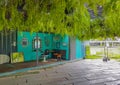 Empty turquoise hair salon and barber shop interior Bangkok Thailand