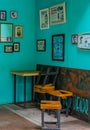 Empty turquoise hair salon and barber shop interior Bangkok Thailand